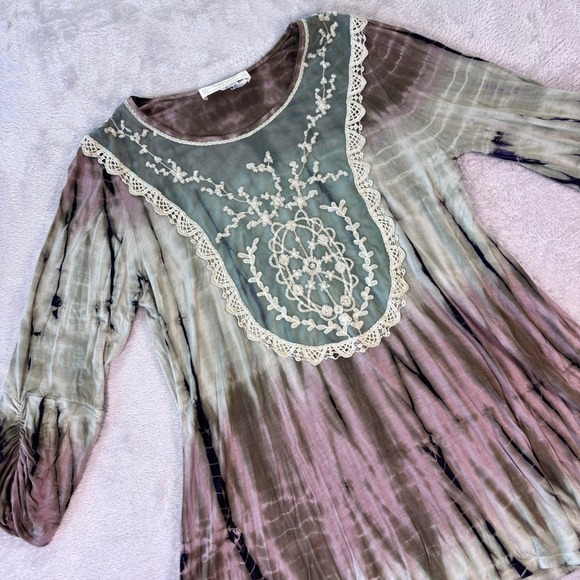 Nature Art Lynn Yang Tops - Nature Art Women's Top XL Green‎ Purple Tie Dye Boho Embroidered Tunic Blouse